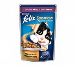 Корм для кошек ФЕЛИКС (FELIX Sensations) с уткой в желе со шпинатом (85 гр) 24 шт в упак