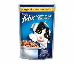 Корм для кошек ФЕЛИКС (FELIX Sensations) с курицей и томатами в желе (85 гр) 24 шт в упак